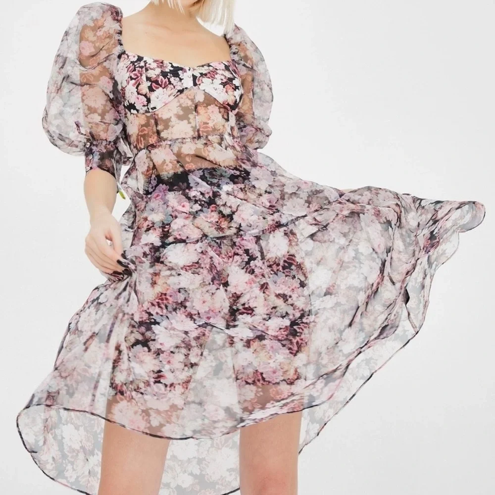 For Love & Lemons Floral Chiffon Dress with Puff Sleeves - Picture 1 of 6
